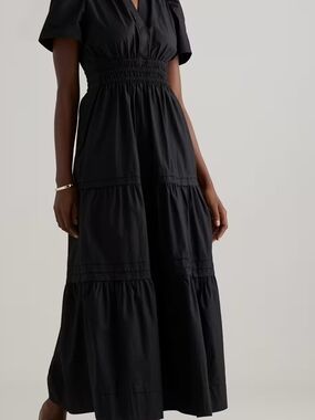 Quince 100% Organic Cotton Tiered Maxi Dress XS Black Poplin Tiered Pockets